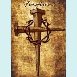 The glowing brown-and-gold "Forgiven" house and garden flag design features a cross of nails and a crown of thorns, strong symbols of Christ's crucifixion.