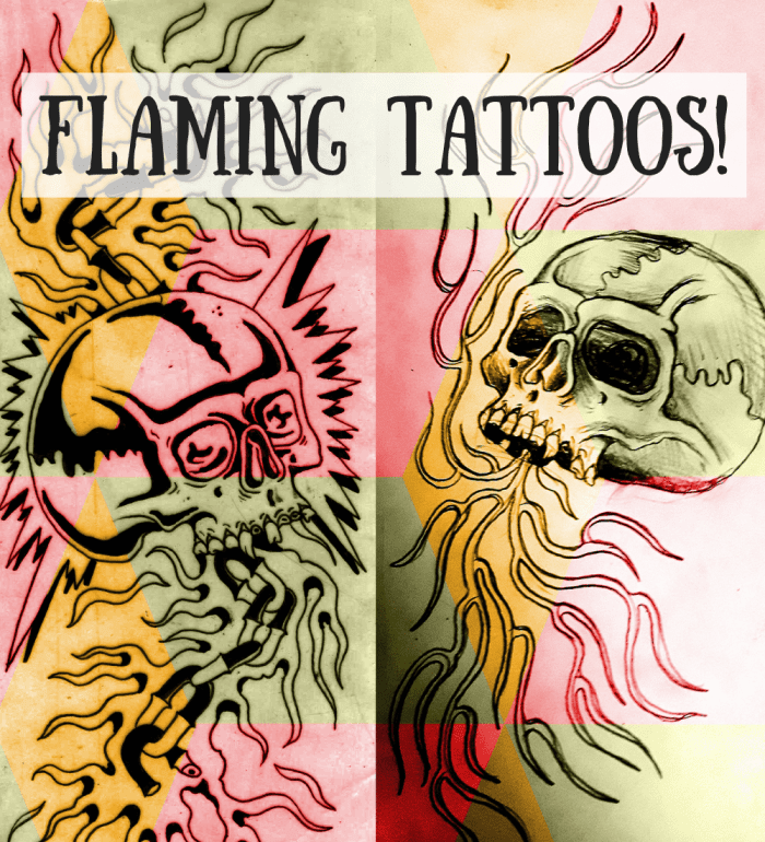 There are near-endless design ideas for tattoos that incorporate flames or fire. These two designs feature skulls with flames.