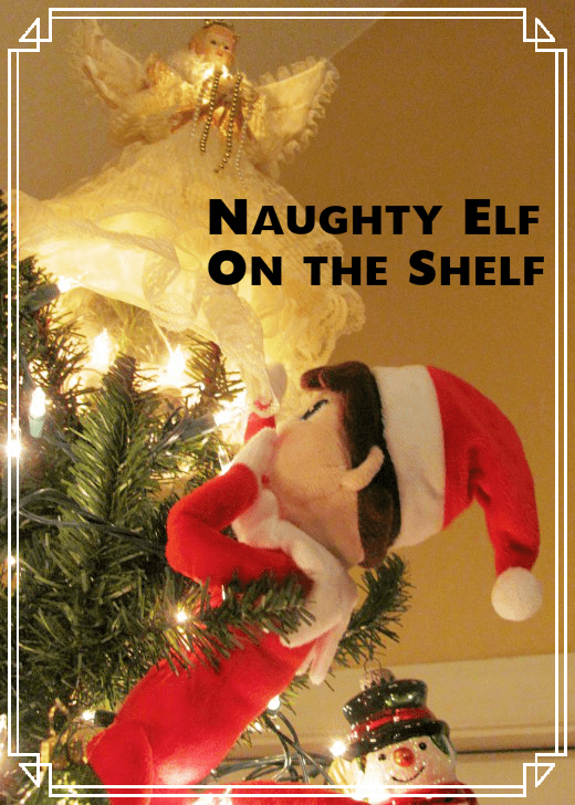 The naughty Elf On the Shelf upskirts the angel. Now you know why the Frosty the Snowman ornament is always smiling so broadly. (He's got the best seat in the house.)