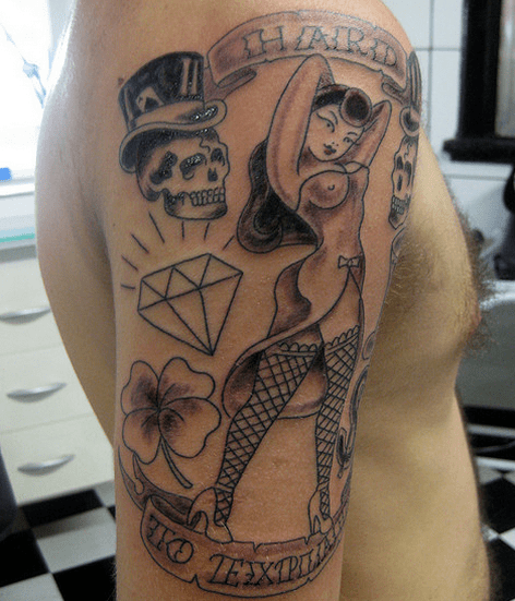This diamond tattoo design incorporates several other elements, including a skull, a woman, a four-leaf clover, and text.
