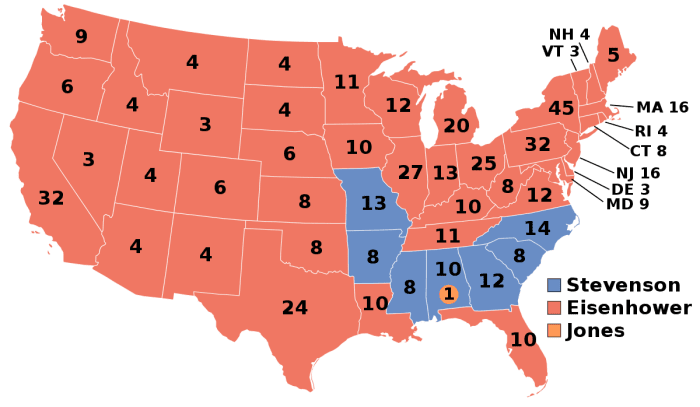 In the November, 1956 election, Republican Dwight D. Eisenhower was re-elected president of the United States by defeating Democrat Adlai Stevenson. Eisenhower received 35,579,180 popular votes to Stevenson’s 26,028.028 popular votes.