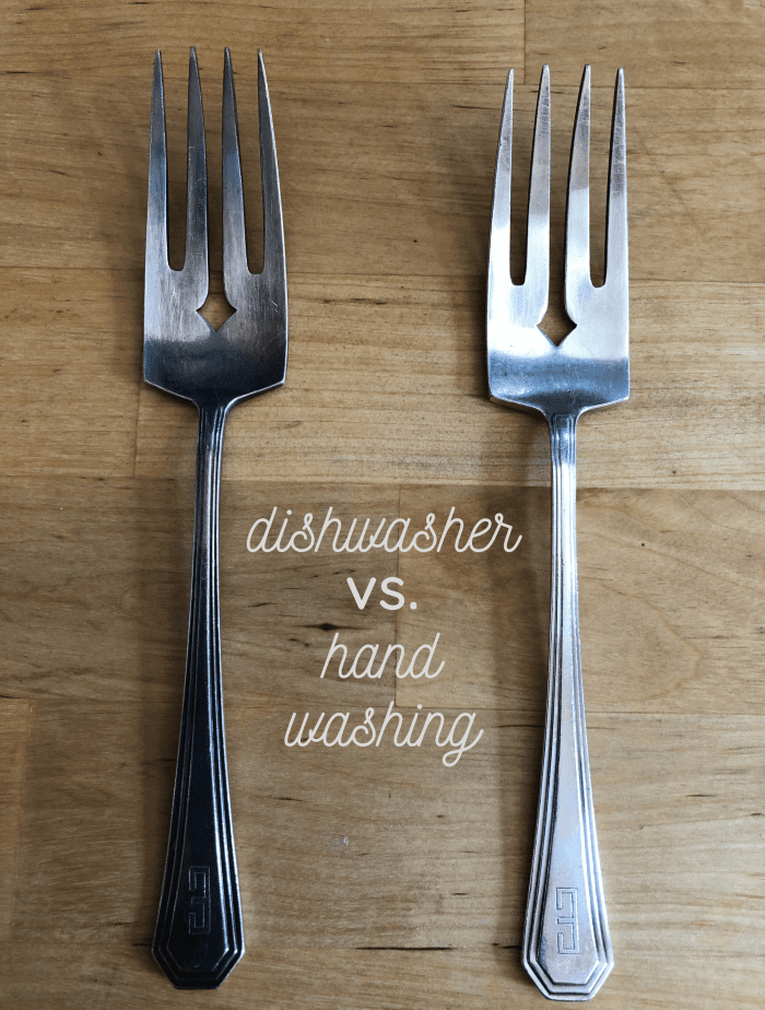The fork on the left has always been washed in the dishwasher and never hand-dried: The one on the right has been hand-washed and dried only.