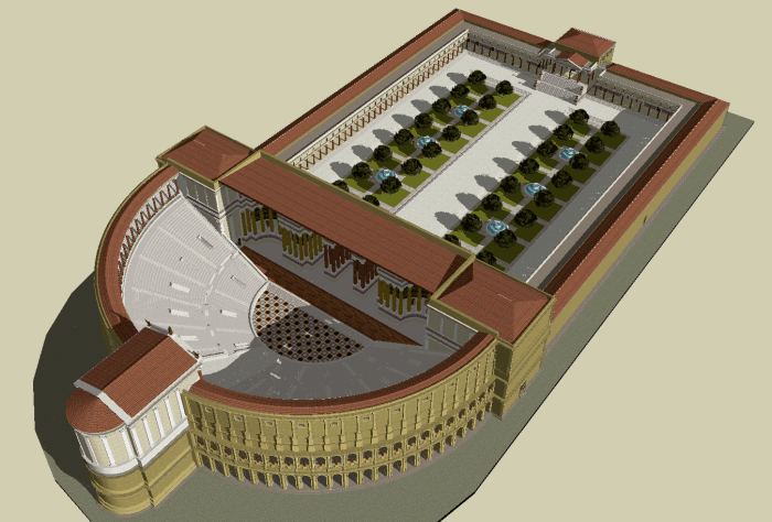 "File:Theatre of Pompey Sketch up model.png" by Lasha Tskhondia - L.VII.C. (model creator) from a screen capture by Mark Miller is licensed under CC BY-SA 3.0