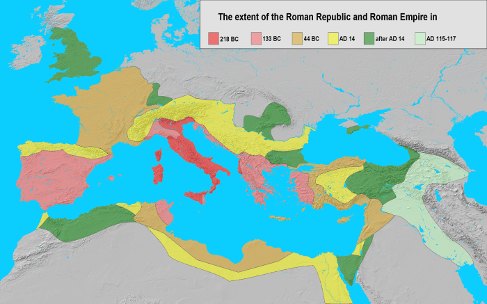 "File:Extent of the Roman Republic and the Roman Empire between 218 BC and 117 AD.png" by Varana is licensed under CC BY-SA 3.0