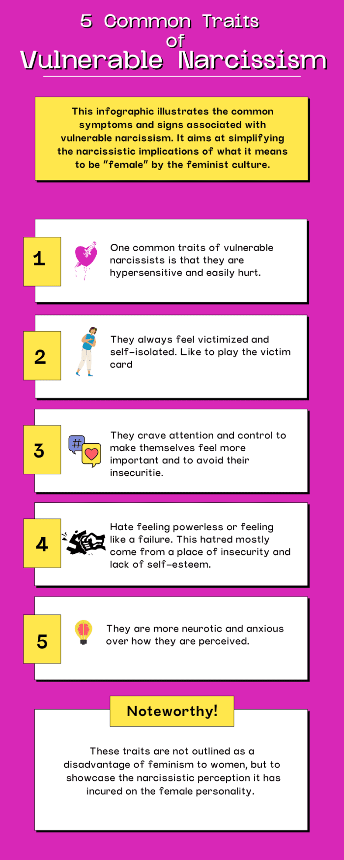 This infographic displays 5 common traits of a vulnerable narcissistic personality.