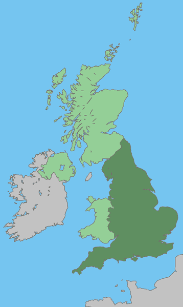 The United Kingdom shown green, England is the darker green area.