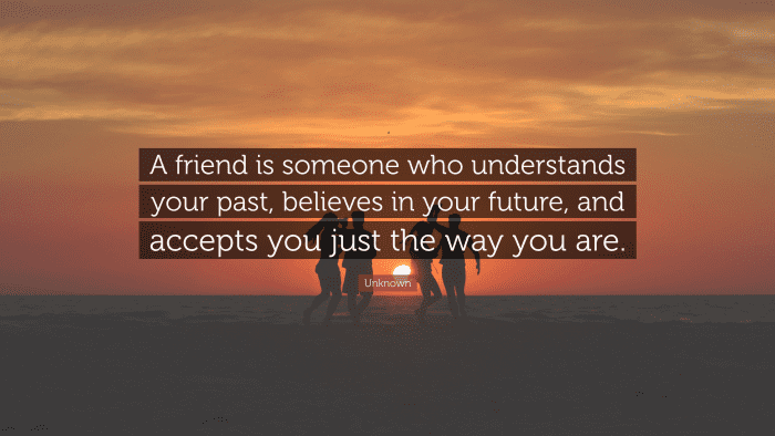 “A friend is someone who understands your past, believes in your future, and accepts you just the way you are.” — Unknown