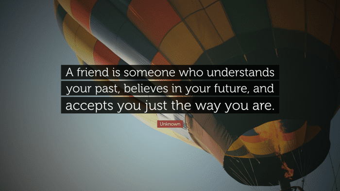 “A friend is someone who understands your past, believes in your future, and accepts you just the way you are.” ― Unknown