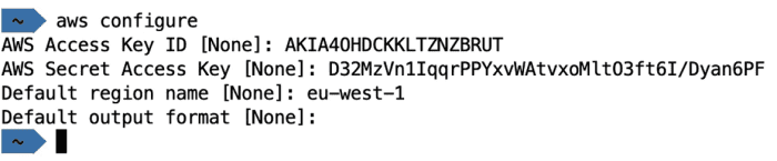 Type aws configure and enter your Access Key ID and Secret Access Key to access AWS using the CLI.