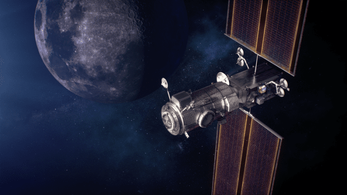 An artist's mockup of the Lunar Gateway’s Power and Propulsion Element and Habitation and Logistics Outpost in orbit near the Moon.