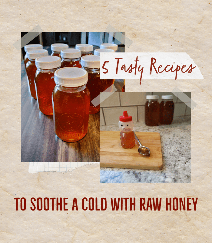 This graphic is of quart jars filled with honey from when we robbed our bees and a honey bear bottle with a tablespoon of honey.