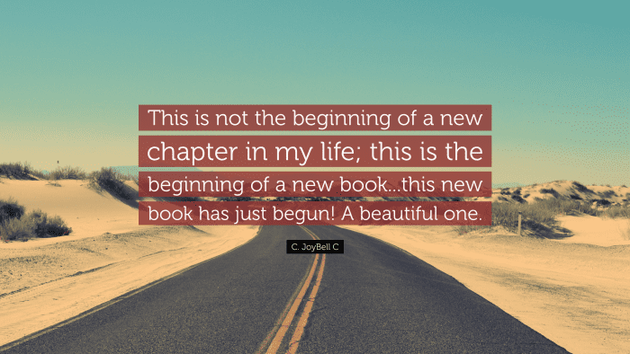 "This is not the beginning of a new chapter in my life; this is the beginning of a new book...this new book has just begun! A beautiful one.” ― C. JoyBell C