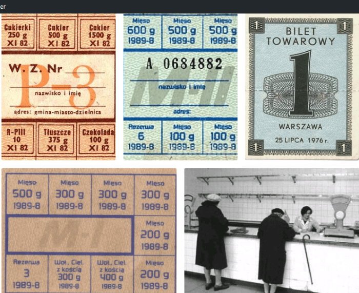 Rationing coupons and empty shops in the Polish People's Republic. The hope was in getting something from "under the counter | spod lady"