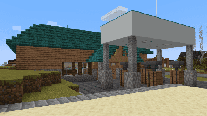 Warped Fungus Slabs and Stairs are used as a roof on this Gas Station build.