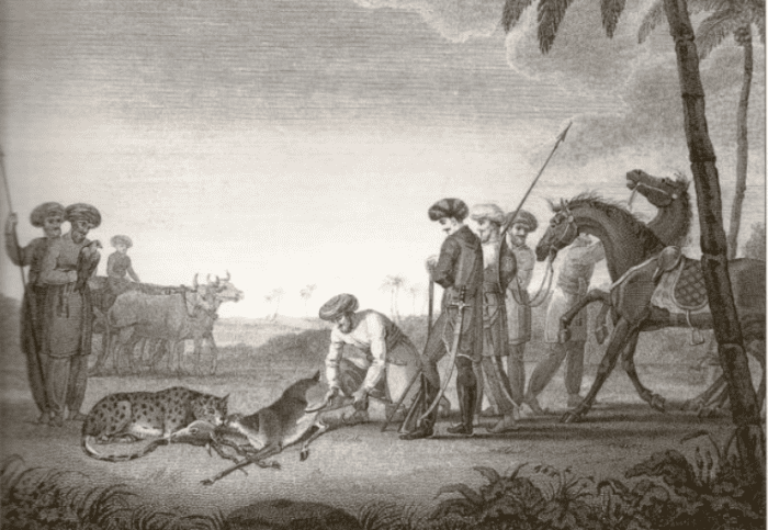 Hunting of blackbuck with Asiatic cheetah; drawn by James Forbes in South Gujarat, India. Oriental Memoirs, 1812