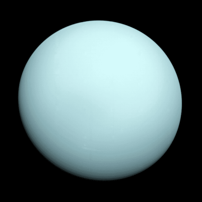 Uranus, photographed by Voyager 2 in 1986. Uranus gets its beautiful pale blue-green color from the methane in its atmosphere.