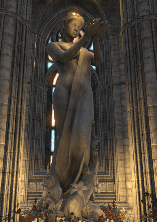 A statue of Dibella as depicted in Elder Scrolls Online. She is shown partially clothed with lillies at her feet.