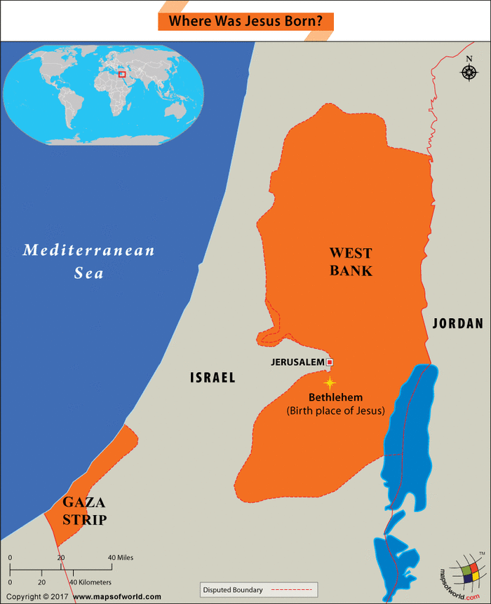 According to the New Testament, Jesus was born in Bethlehem, located in the West Bank Region of Palestine.