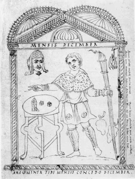 Illustration from the 4th century CE Calendar of Philocalus depicting a man enjoying a game of dice. Playing games was an important feature of the Saturnalia celebrations.
