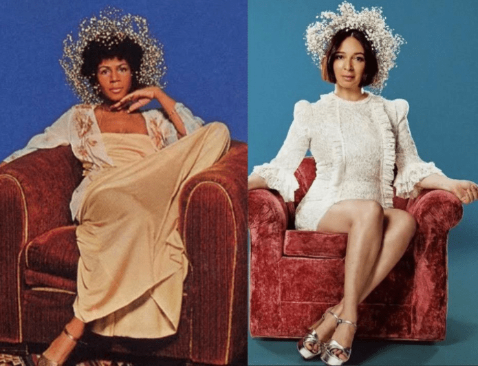 Maya Rudolph, right, short dress, is a black Jewish actress/model and daughter of the late singer Minnie Riperton, left, long dress.