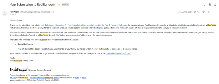 HubPages Response to My Submission to ReelRundown. The word "HubPages" is highlighted because I had to put a search into my email in order to find these messages again lol