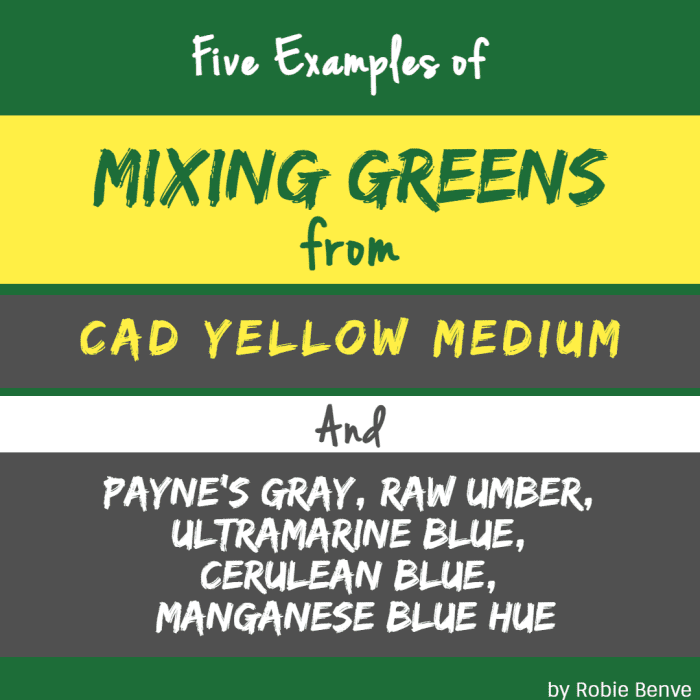 Examples of how to mix green from Cad Yellow Medium combined with five other colors: Payne’s Gray, Raw Umber, Ultramarine Blue, Cerulean Blue, and Manganese Blue Hue.