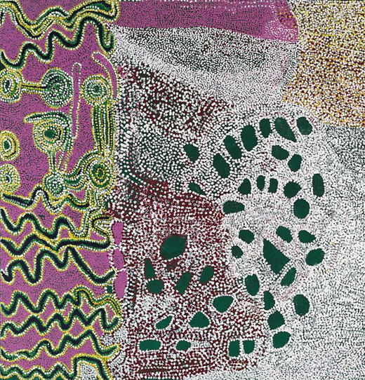 Figure Three: Tommy Watson, Wipu Rockhole, 2004. Synthetic polymer paint on canvas, 180.8 x 173.4 x 3.5 cm. Reproduced Art Gallery NSW.
