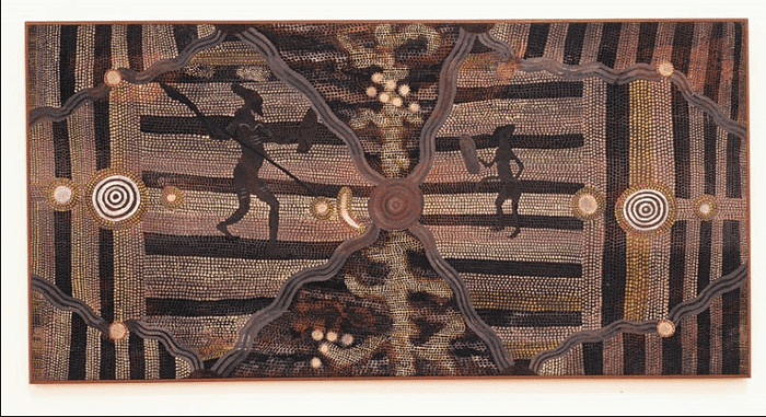 Figure Two: Tim Leura Tjapaltjarri, Kooralia, 1980. Synthetic polymer paint on canvas, 187.0 x 154.0 x 2.3 cm. Reproduced Art Gallery Society of New South Wales.
