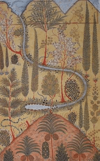 Figure 1: A Plain Natural Scenery, drawing, size 285 x 460. Istanbul‟s Museum of Turkish and Islamic Art. Reproduced from https://www.ojcmt.net/download/islamic-gardens-with-a-special-emphasis-on-the-ottoman-paradise-gardensthe-sense-of-place-between