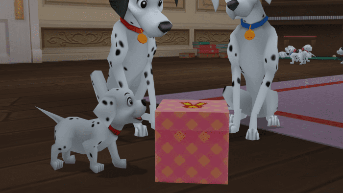 The Dalmatians will give you gifts in these cute pink boxes. How they wrap things without thumbs is a mystery.
