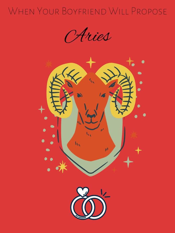 Aries will propose when they feel like it. When the feeling strikes them, they'll do it. Aries does things by instinct.