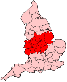 The highlighted area denotes the area traditionally referred to as the Midlands. Alton Towers is located in the north of the region about 16 miles west of Stoke on Trent.