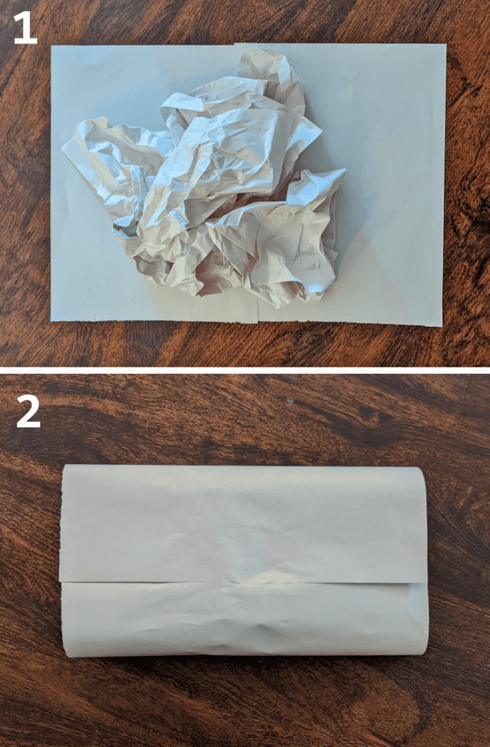 Start by making a sort of, paper pillow. Use as much paper as needed to fit the size of your basket. 1. Crumple paper place in center of another sheet or two. 2. Fold and tape.