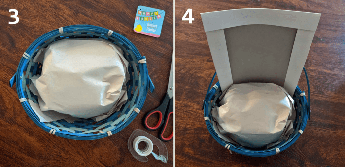 3. Stuff paper pillow into basket. 4. Put half of the gift box behind the paper pillow. (Pick a size box that will fit into your basket. I used a t-shirt box in this case.)