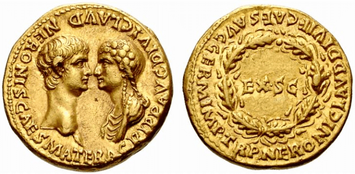Nero and his mother Agrippina the Younger depicted on a gold coin called an aureus.