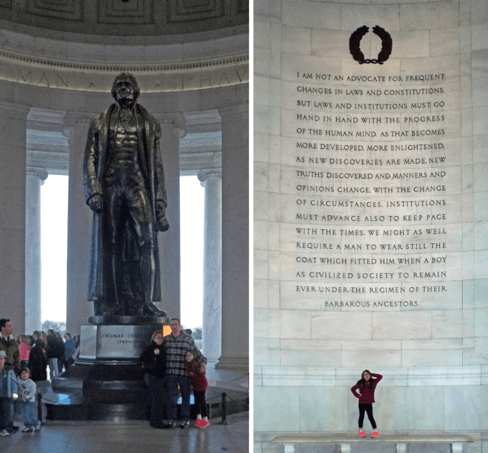 (Left) My husband, daughter and I with the Thomas Jefferson statue. (Right) My daughter inside the Jefferson Memorial. She looks so tiny.