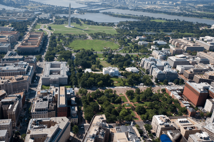Aerial view of Lafayette Park and Washington Mall, Washington, D.C.
