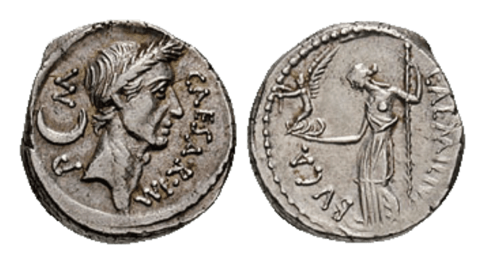 A Roman Republic coin depicting Julius Caesar on the front and his ancestor the goddess Venus on the reverse.