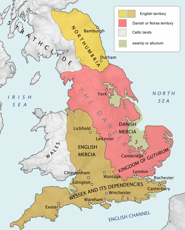 The kingdoms in the late 9th Century: Wessex in the south and south-west, Western Mercia and isolated Bernicia north of the Tees vs the Kingdom of Jorvik under Halvdan and the Danelaw with East Anglia under Guthrum