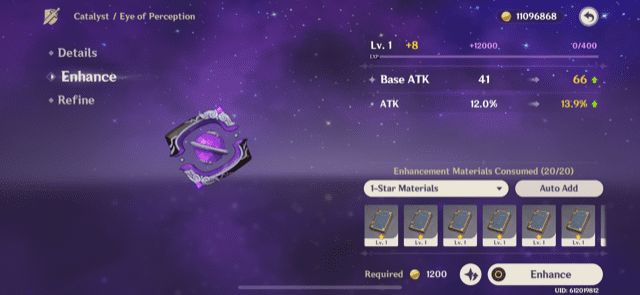 Weapon Upgrade screen in "Genshin Impact" showing 1-star material auto add function for weapon enhancement