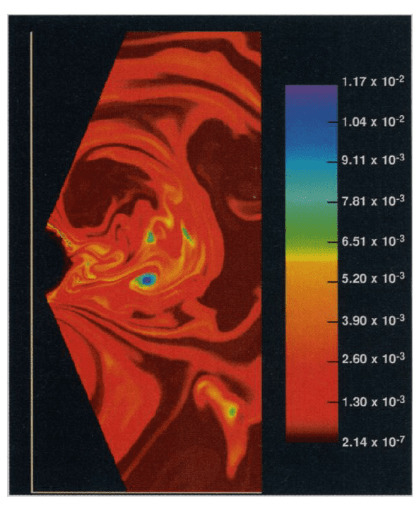 A cross-section of an oxygen burning zone inside a 20 solar mass star. Color is used to indicate the amount of 20-Ne present (violet being 1% to red being 0%).