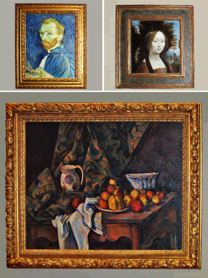 (Top Left) Vincent van Gogh - Self-Portrait -1889 (Top Right) Leonardo da Vinci - Ginevra de' Benci - c. 1474/1478 (Bottom) Paul Cézanne - Still Life with Apples and Peaches - c. 1905