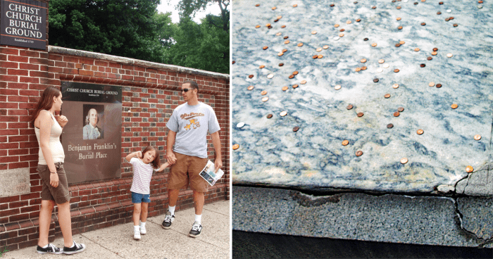 The photo of his gravesite on the right came out terrible, so I cropped it in order to show the pennies.
