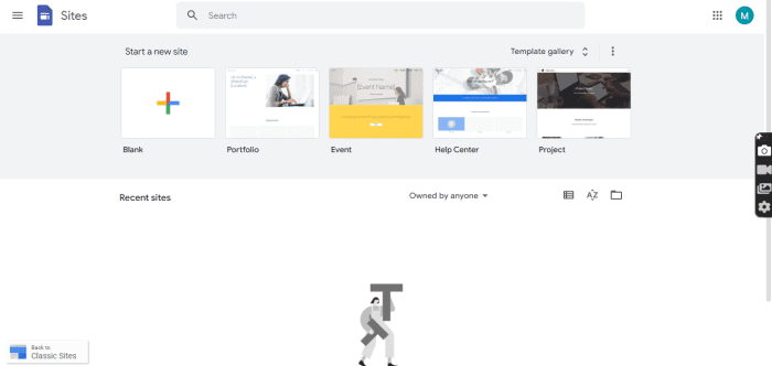 When you open Google Sites, you will see written Start a new site and below it, some icons/tabs on the page labeled Blank, Portfolio, Event, and some more templates. Select your desired layout here. Please note that you must be logged in to start.