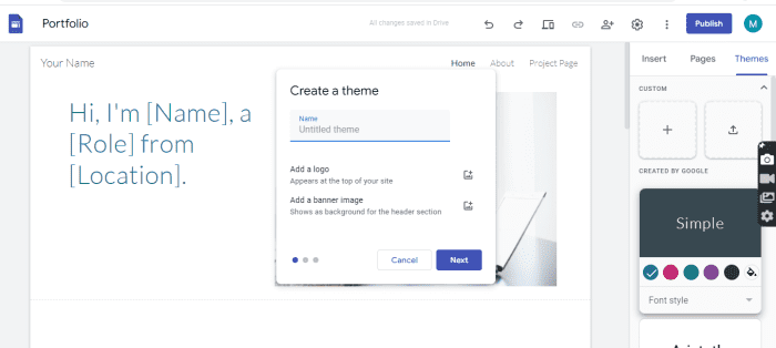 When you start with the "create a theme" option, you will be asked for the theme title and to upload a logo and banner image for your website.