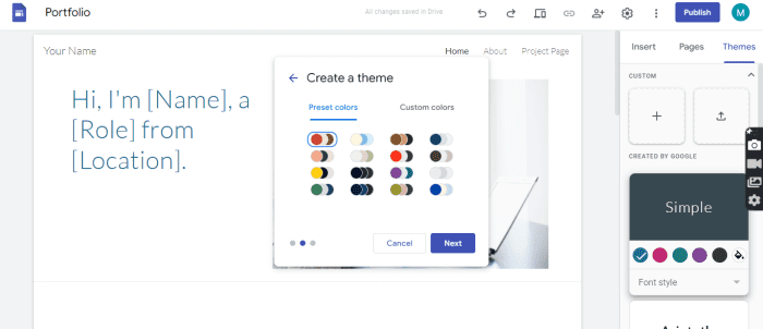 Now you will be asked to choose the color of the theme. Here you will see two options: Preset colors and Custom colors. You can choose one of two options and the color scheme you like.