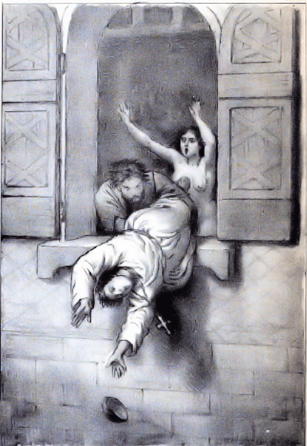The defenestration of Pope John XII. His paramour is shown naked while the pope is clothed. Even in scandal appearances must be preserved.