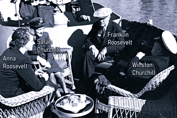 President Franklin Roosevelt and British Prime Minister Winston Churchill with their daughters on the USS Quincy. February 2, 1945.