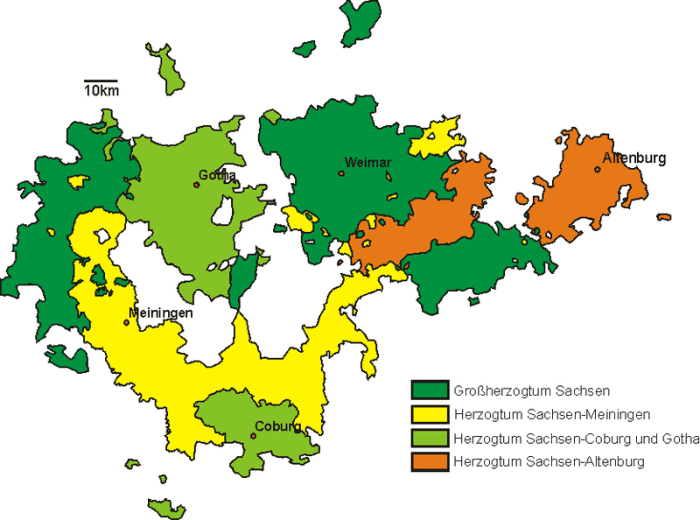 Map of Saxe-Coburg-Gotha and Saxe-Coburg-Altenburg in 1825. They lie in today's Bavaria and Thuringia in Germany.