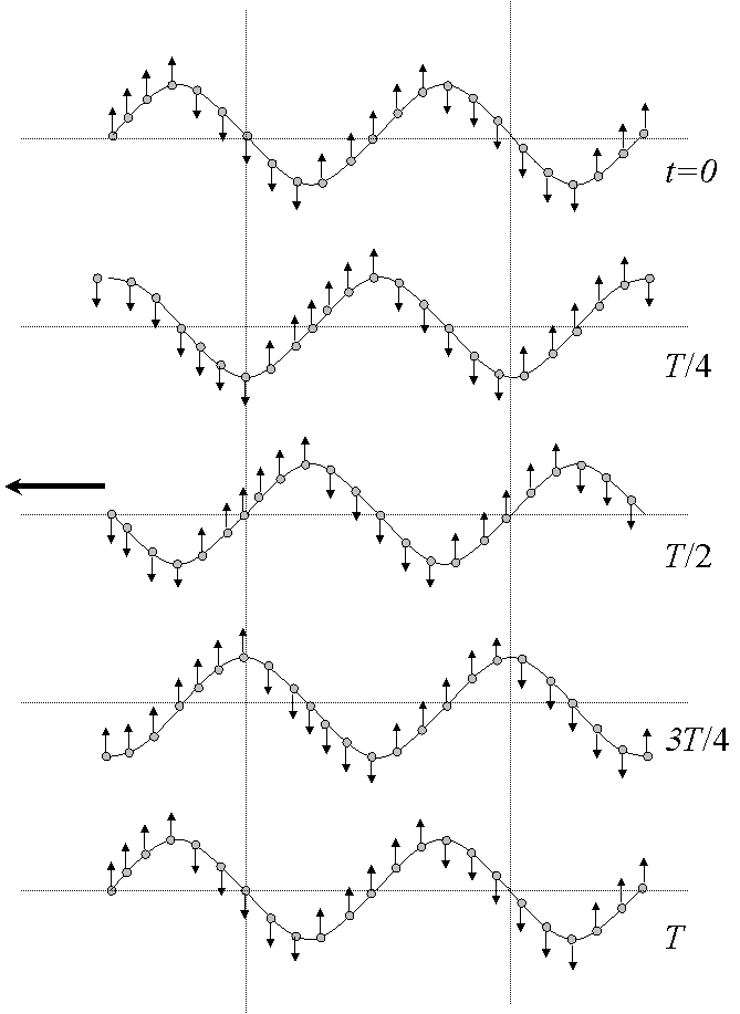 A row of vibrating particles at five different times that demonstrate the periodicity of the wave both in space and time. T represents the period of the wave.
